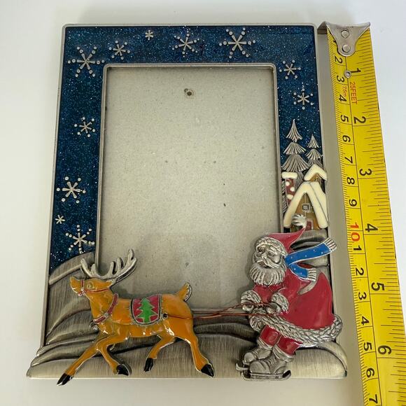 3D Enameled Metal Christmas Photo Frame 3x4.5 Santa Reindeer Snow - Picture 5 of 7